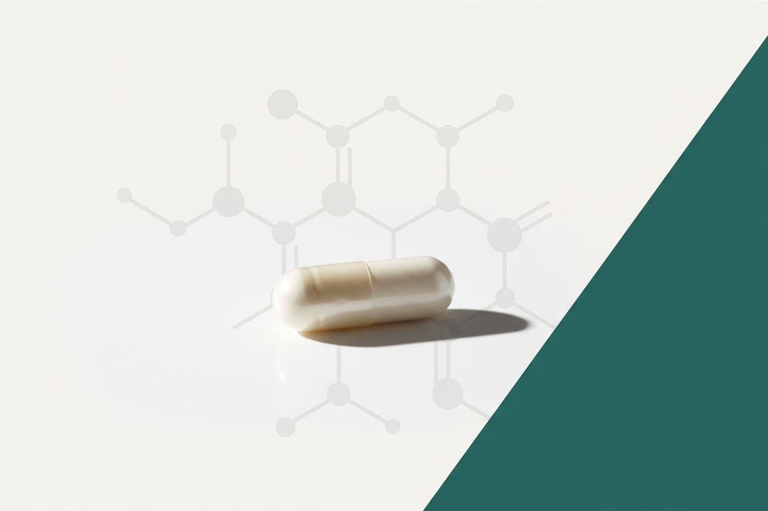 5-Amino-1MQ 50mg research-grade supplement capsule on a clean clinical background with NNMT molecular structure